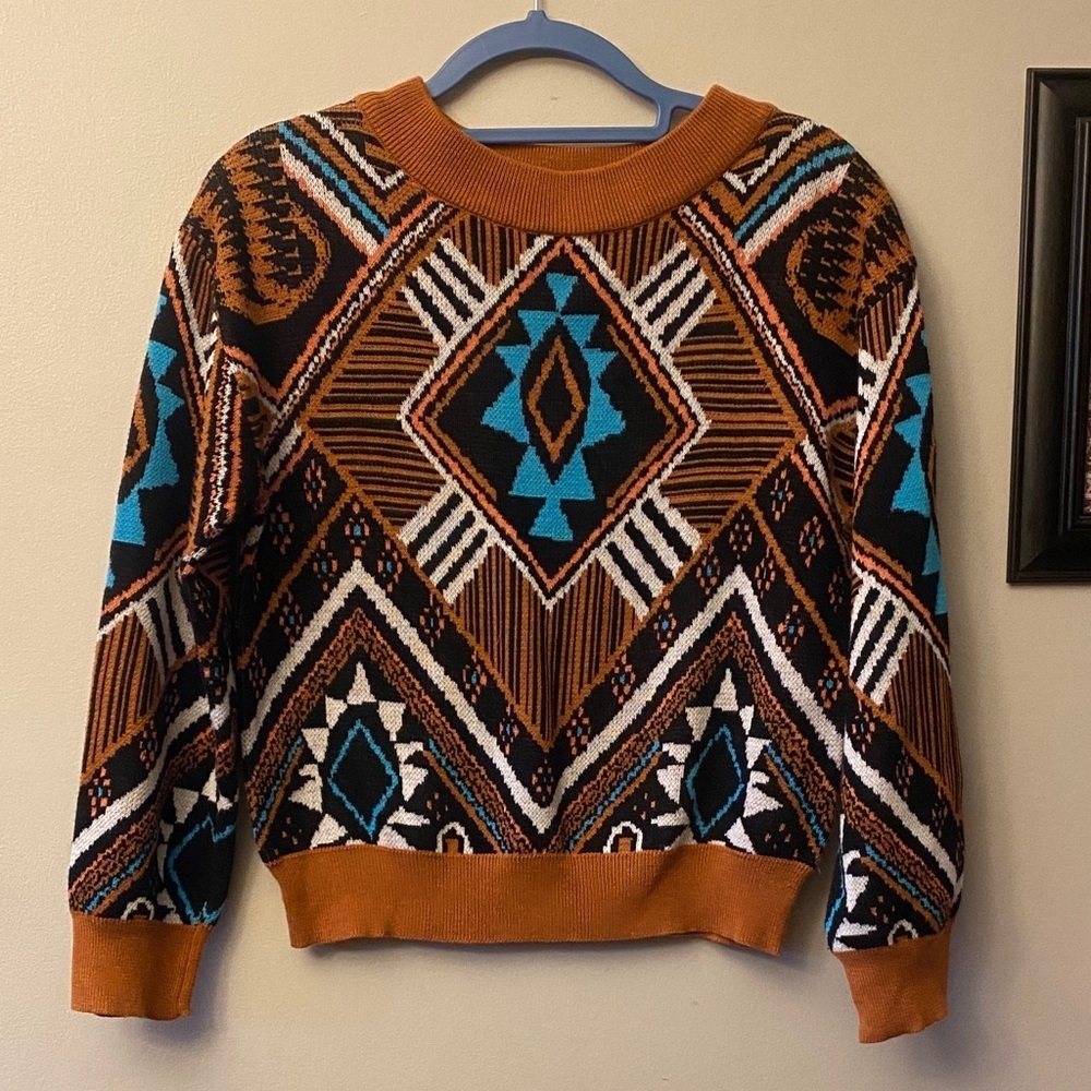 Geometric Patterned Sweater - Orange, Black, Blue
